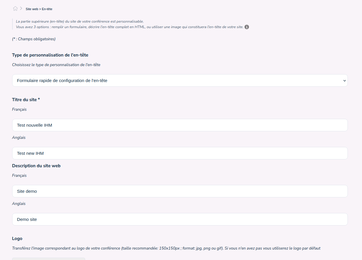 quick configuration header form